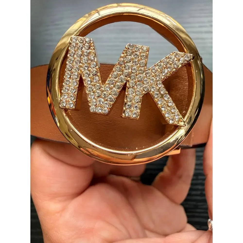 Authentic Michael Kors Brown Leather Belt Gold Crystal MK Buckle S/M READ BELOW